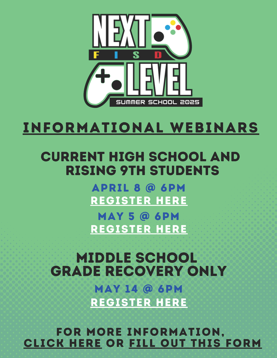 <a href="/friscoisd/">Frisco ISD</a> Summer School registration opens this Thursday, April 3. Informational Webinars are scheduled for April 8, May 5, and May 14 (MS). Please see the summer school website for more information and how to register for the webinars and summer school. friscoisd.org/departments/su…