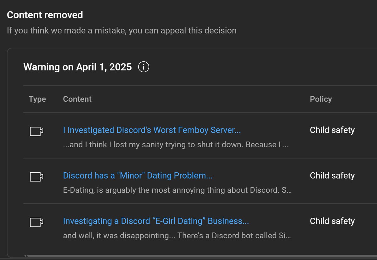 notexttospeech's tweet image. @TeamYouTube Your automated systems nuked 3 of my videos in a span of 2 minutes for &quot;Child Safety&quot;.

These videos are meant to educate people of the dangers of the internet, to prevent endangerment.

I almost lost my whole channel because of an AI...

FIX YOUR SHIT.