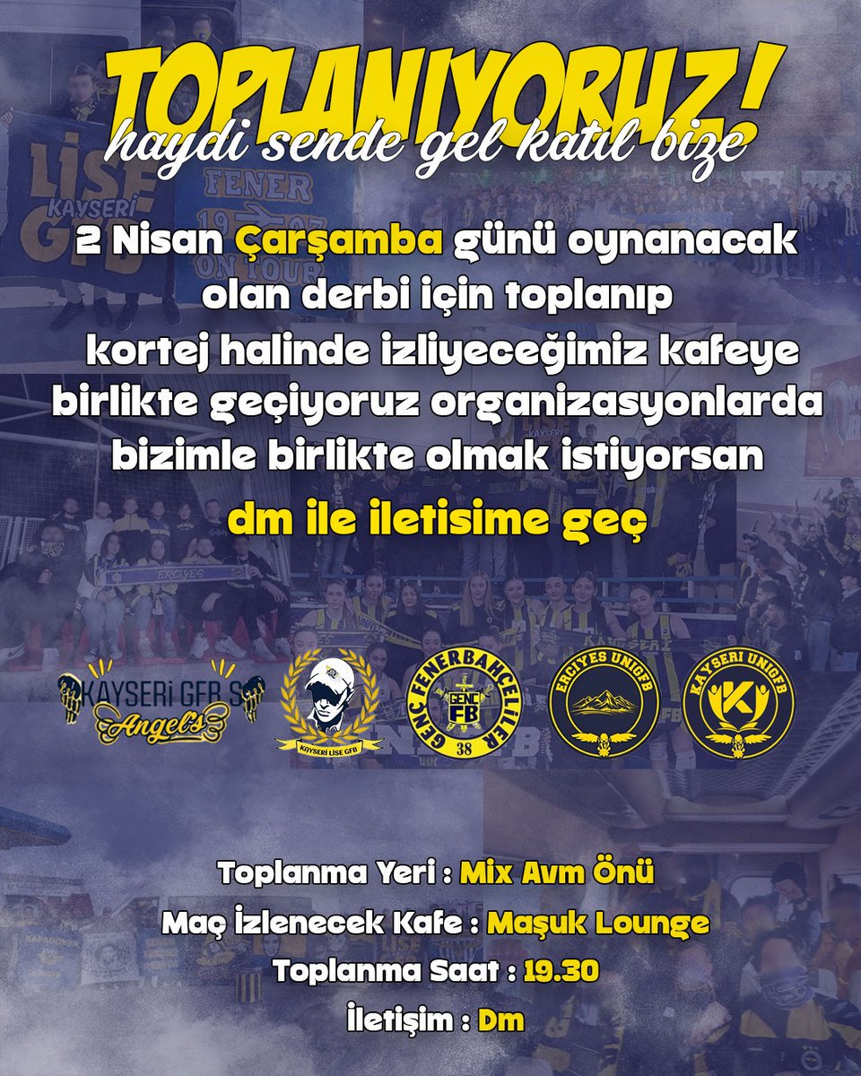 2 Nisan 2025 tarihinde oynanacak olan derbi için toplanıp kortej halinde maçı izleyecegimiz kafeye geçiyoruz.

İletişim için DM