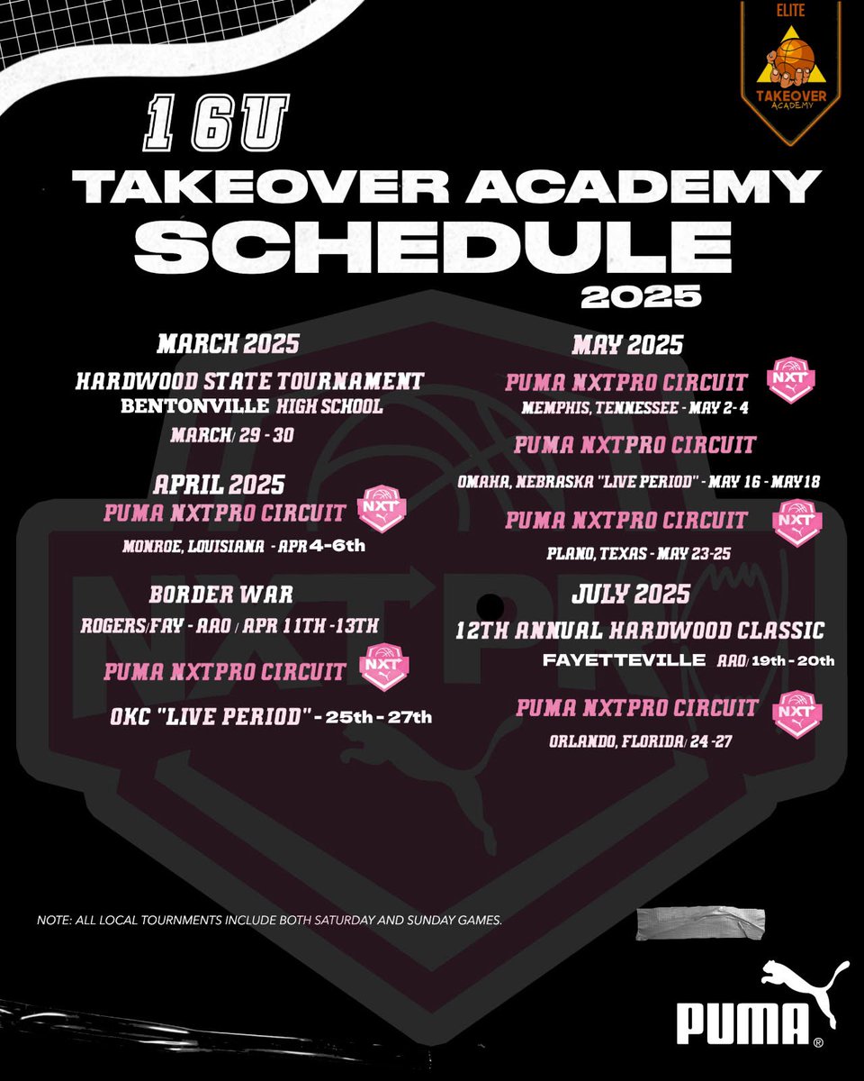 Takeover Academy 2027 (@takeover2027) on Twitter photo Our schedule for the spring and summer. We are ready. We are excited to compete and play on the <a href="/PRO16G/">NXTPRO Girls League</a> Puma circuit. Let's work! Come check us out.
Our first stop is Session 2: Monroe.
🏀 - <a href="/PRO16G/">NXTPRO Girls League</a> <a href="/NxtProHoops/">NXTPRO Hoops</a>
#takeover2027 #takeoveracademy
#pro16girls #puma #nxtpro Our schedule for the spring and summer. We are ready. We are excited to compete and play on the <a href="/PRO16G/">NXTPRO Girls League</a> Puma circuit. Let's work! Come check us out.
Our first stop is Session 2: Monroe.
🏀 - <a href="/PRO16G/">NXTPRO Girls League</a> <a href="/NxtProHoops/">NXTPRO Hoops</a>
#takeover2027 #takeoveracademy
#pro16girls #puma #nxtpro
