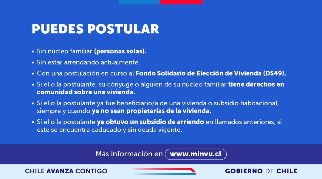 ¡Hoy comienza el #SubsidioArriendo para Personas Mayores y para Personas con Discapacidad! 🏘

👉 Este beneficio del Estado cubre entre un 90% y 95% del valor del arriendo. 

📌 Se postula de 2 formas:
💻 Online en minvu.cl
🤝 Presencial en oficinas del Serviu.