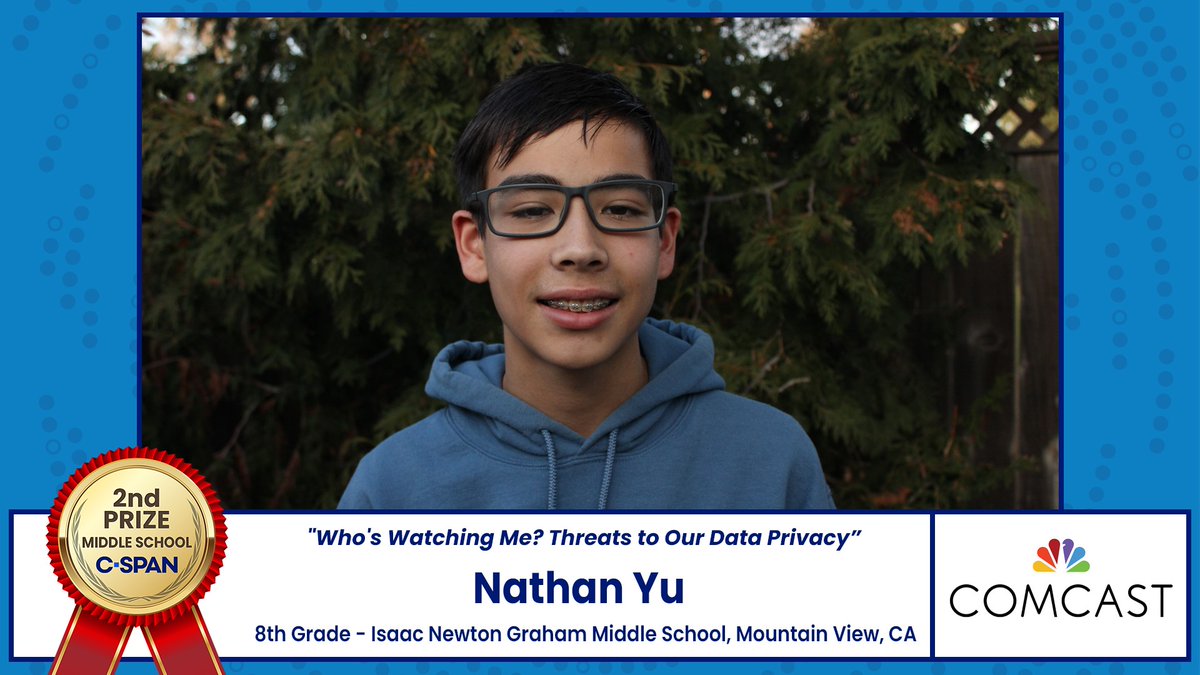 StudentCam's tweet image. Congrats to 8th grader Nathan Yu from Isaac Newton Graham Middle School in Mountain View, California who won 2nd Prize for his documentary, “Who’s Watching Me? Threats to Our Data Privacy.” Watch it here: studentcam.org/2025-2nd-prize…
#sschat #edchat #pbl