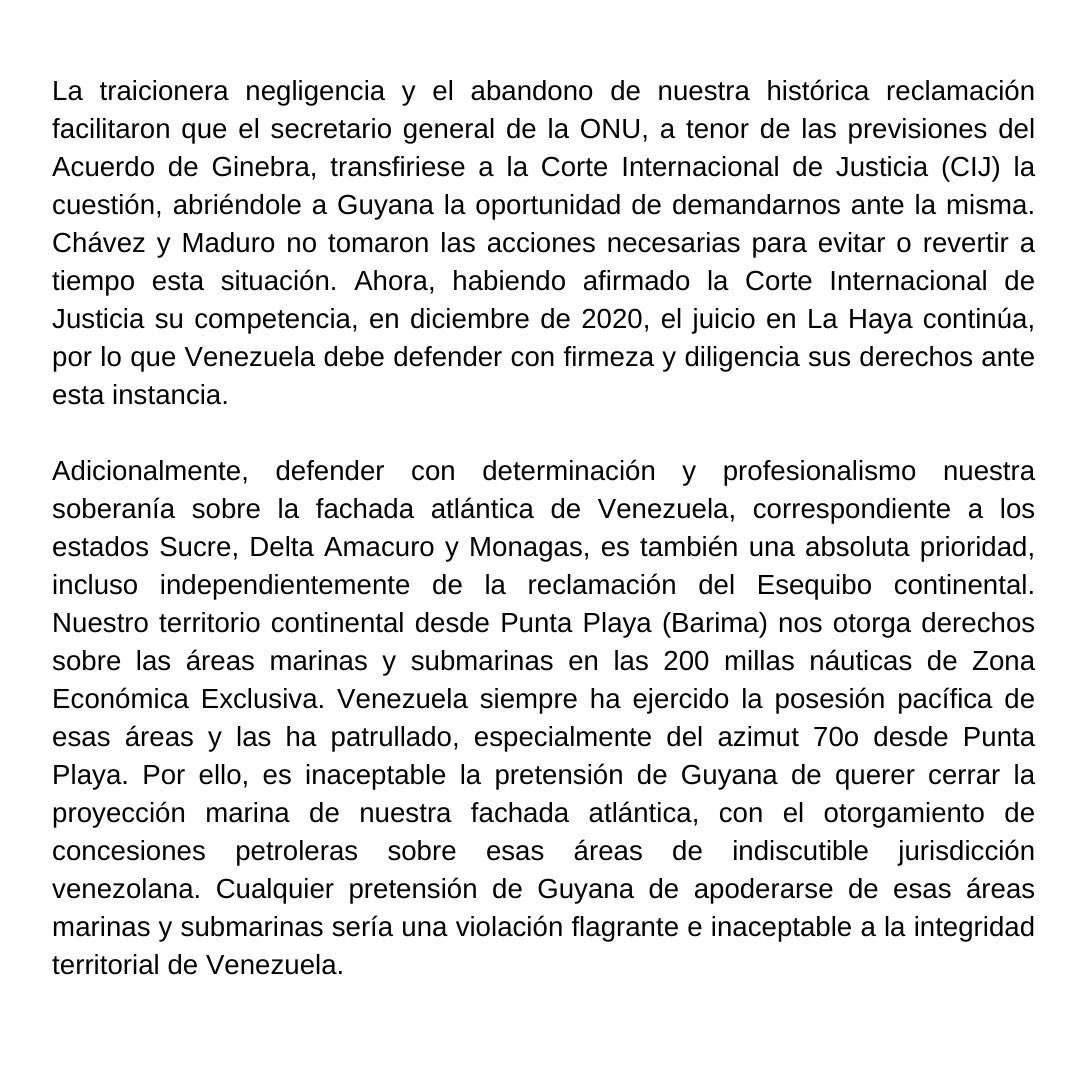 EdmundoGU's tweet photo. El Esequibo es nuestro y lo defenderemos con todos los medios dentro del marco del derecho internacional.

Rechazamos categóricamente cualquier opción bélica, pero exigimos una defensa jurídica y estratégica real, sin manipulaciones políticas ni ideológicas. La soberanía no se negocia ni se regala.

Como Gobierno Electo, tenemos listos los mejores equipos en derecho, diplomacia, historia y estrategia militar para defender a Venezuela ante la Corte Internacional de Justicia y cualquier instancia necesaria.

La integridad territorial y la soberanía exigen la transición democrática inmediata ordenada por el pueblo el 28 de julio. Solo así Venezuela tendrá una política exterior firme y responsable para recuperar lo que nos pertenece.

Comparto el comunicado que firmamos @MariaCorinaYA y yo
