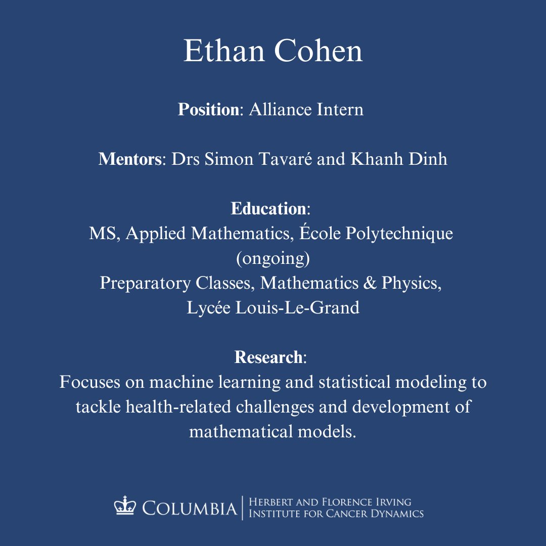 Columbia - Irving Institute for Cancer Dynamics (@cancer_dynamics) on Twitter photo Say hello to <a href="/AllianceProg/">Alliance Program</a> intern Ethan Cohen! He’s a master’s student in Applied Math at École Polytechnique working with Dr. Simon Tavaré and @Khanh_n_Dinh to model cancer dynamics using ML + statistics. Welcome, Ethan!
#IICDInterns #CancerResearch #AllianceProgram Say hello to <a href="/AllianceProg/">Alliance Program</a> intern Ethan Cohen! He’s a master’s student in Applied Math at École Polytechnique working with Dr. Simon Tavaré and @Khanh_n_Dinh to model cancer dynamics using ML + statistics. Welcome, Ethan!
#IICDInterns #CancerResearch #AllianceProgram