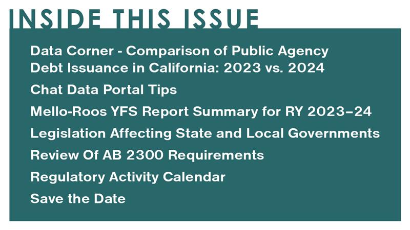cdiac_sto's tweet image. The March 2025 issue of Debt Line is now available. This issue's Data Corner reports on municipal debt issuance activity reported to CDIAC during calendar year 2024 and compares it to calendar year 2023. To continue reading, please visit our website: treasurer.ca.gov/cdiac/debtpubs…