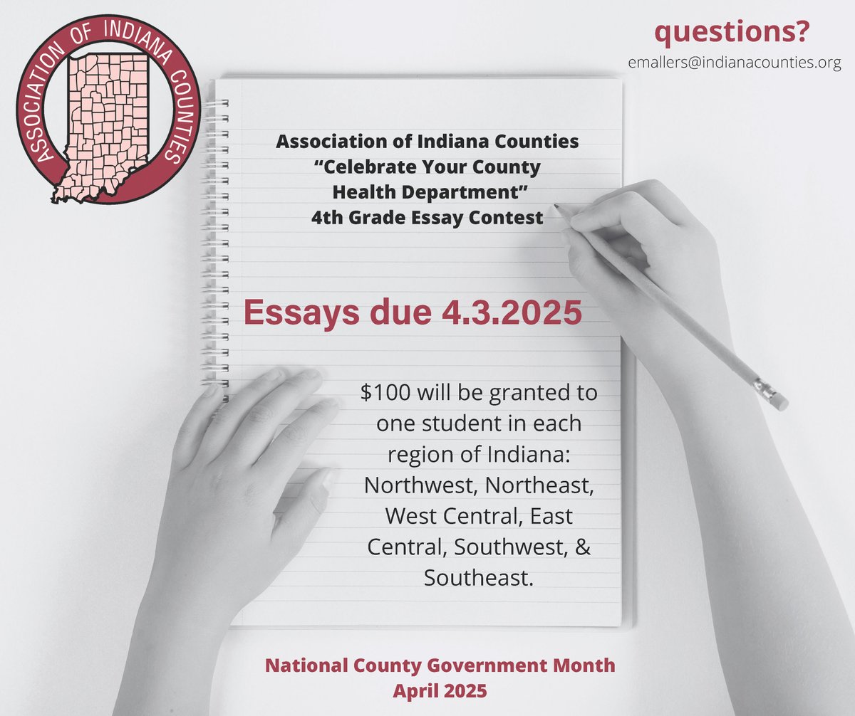 INcounties's tweet image. The AIC is once again inviting classrooms across the state to participate in the AIC's celebration of National County Government Month. The winner of the essay contest will be announced at each of the district meetings.
indianacounties.org/uploads/1/4/3/…