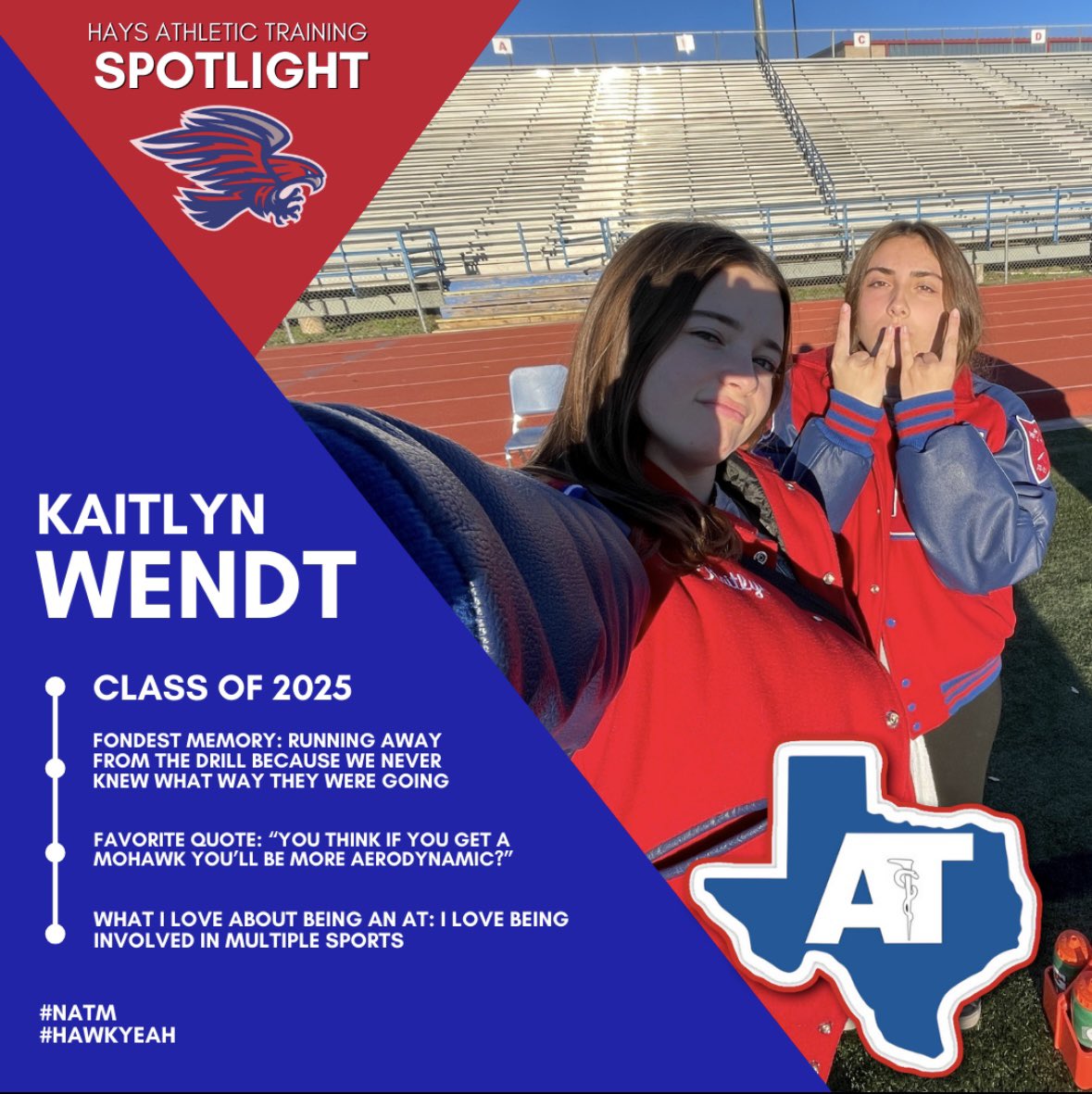 HHS_AthTraining's tweet image. NATM may be over but we are still celebrating our amazing student A.T.! Our senior today is Kaitlyn Wendt! K-Kat has been running around saving lives for 2 yrs & will be going to Texas A&M to study forensics! So excited to see her off on her next adventure but she will be missed!
