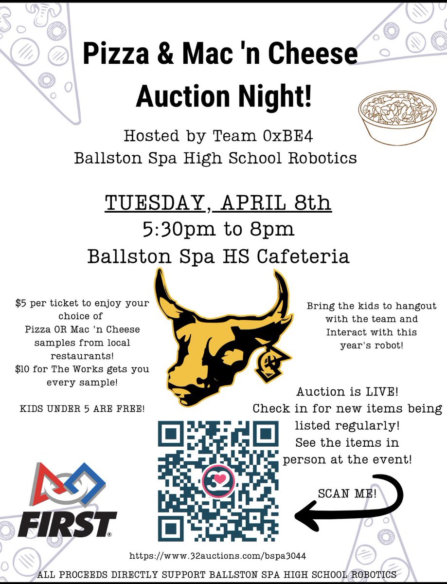Pizza &amp; Mac-and-Cheese Auction Night!
TUESDAY, APRIL 8, 2025
5:30 - 8:30pm in the Ballston Spa High School Cafeteria

Enjoy your choice of Pizza OR Mac-and-Cheese samples from local restaurants.
The auction is live with new items being added!  

32auctions.com/organizations/…
<a href="/BSPAHS/">BSPAHS</a>