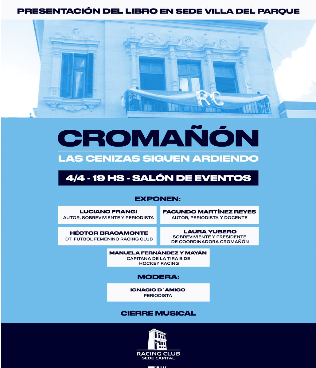CROMAÑÓN: Las cenizas siguen ardiendo.

📍Presentación del libro.

19 hs - Salón Eventos Sede Villa del Parque.

¡Te esperamos!
