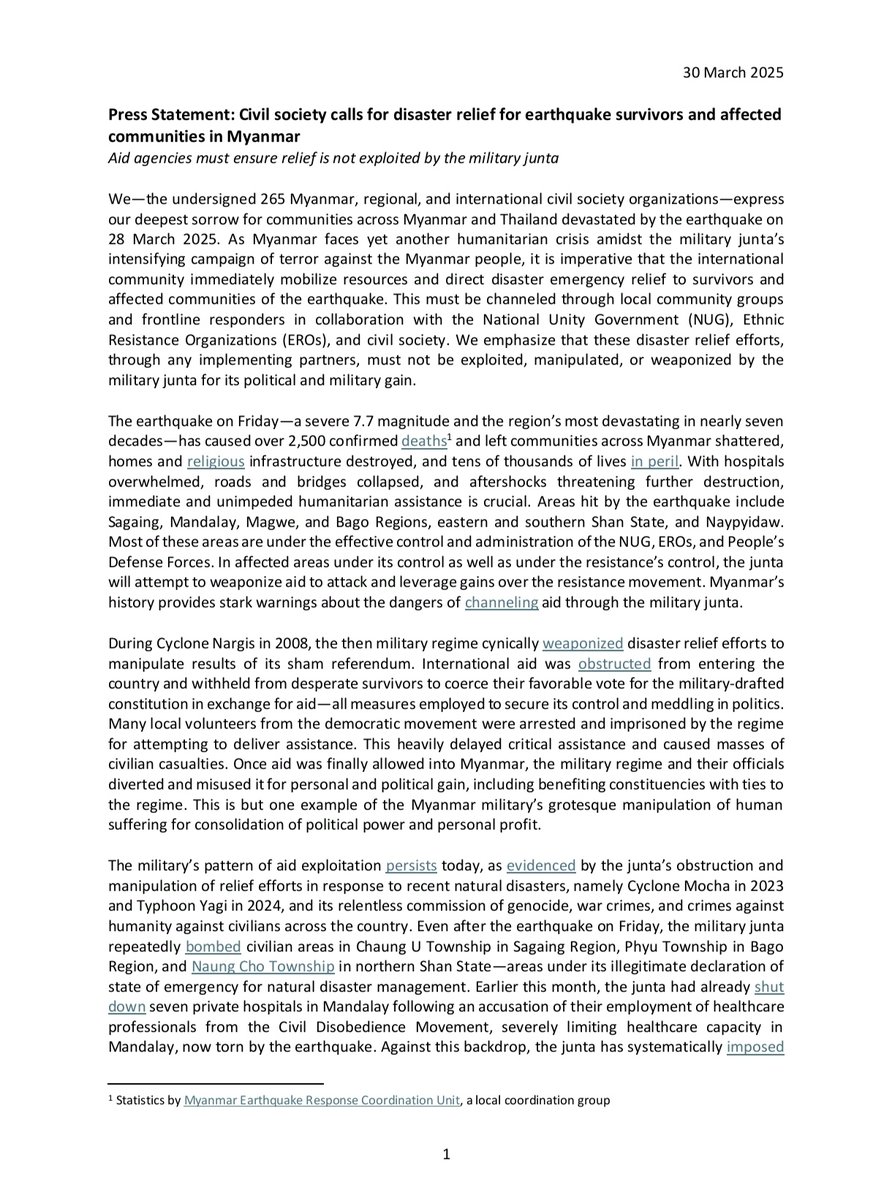 arnu_org's tweet photo. Press Statement
Civil society calls for disaster relief for earthquake survivors and affected communities in Myanmar
Aid agencies must ensure relief is not exploited by the military junta.

@ARNU https://t.co/ZqvlIhnas7
