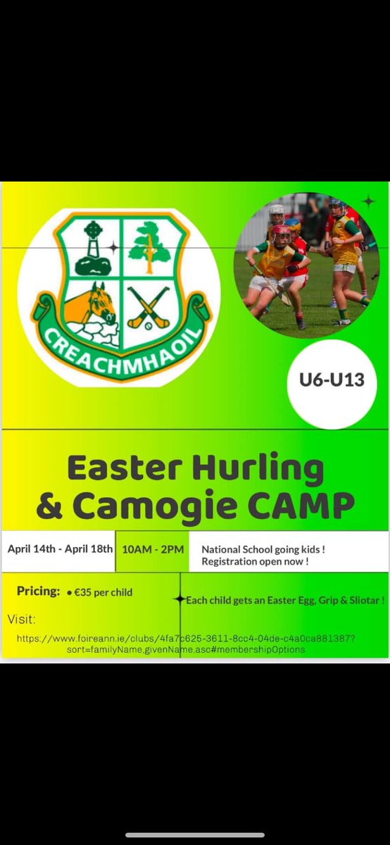 Details on the upcoming Hurling and Camogie Easter Camp. Please follow the link to register: 
foireann.ie/clubs/4fa7c625…