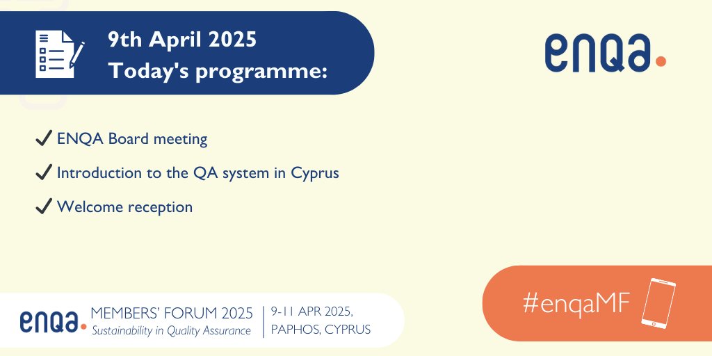 ENQAtwt's tweet photo. Καλημέρα, Paphos! The ENQA Members' Forum 2025 is officially on!

On today's agenda:
✔️ ENQA Board meeting
✔️ Introduction to the QA system in Cyprus
✔️ Welcome reception

Find more information about the ENQA Members' Forum on the event's website: https://t.co/B8Hp1bJ0rG

#enqamf https://t.co/HeZTt2sbrG