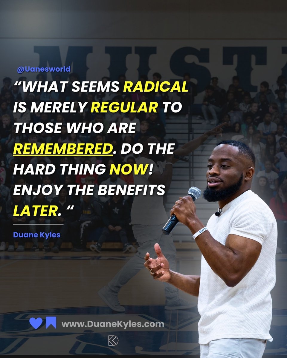 “What seems radical is just regular to those who are remembered.”
Do the hard thing now. Enjoy the benefits later.

Booking now for Summer &amp; Fall!
DuaneKyles.com
#LivingGreatness #DuaneKyles #BookMeNow #MindsetMatters