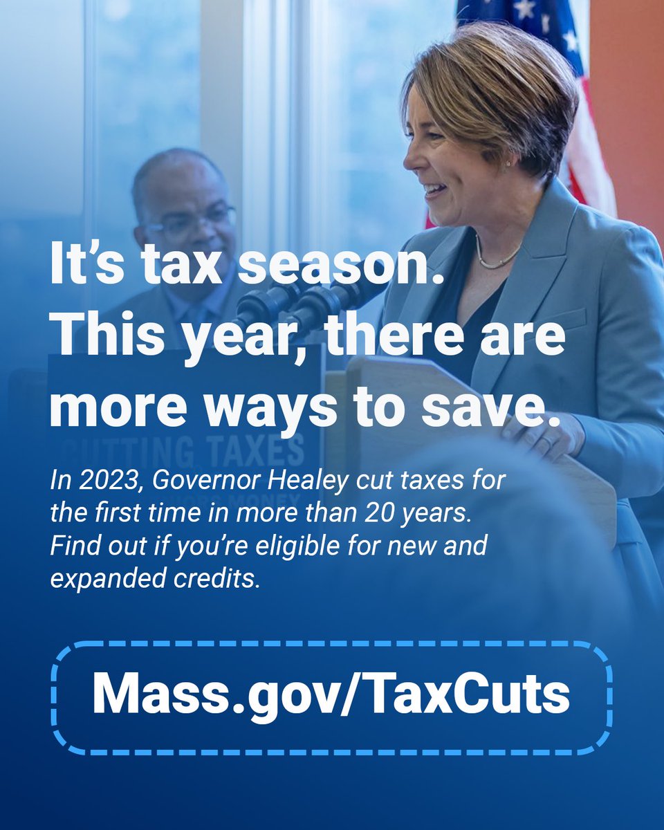 I cut taxes for the first time in 20 years — and almost everyone is eligible for more money back this tax season. 

Taxes are due on April 15. Learn about the expanded Child Tax Credit, Senior Circuit Breaker, Earned Income Tax Credit and more at Mass.gov/TaxCuts