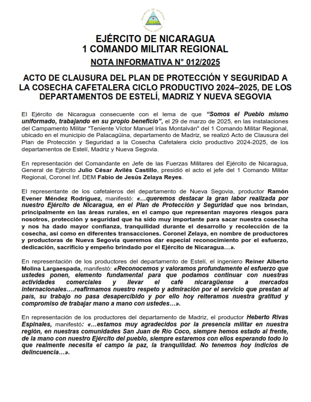 EjercitoNic's tweet photo. #NOTAINFORMATIVA | En las instalaciones del Campamento Militar del #1ComandoMilitarRegional, se realizó Acto de Clausura del Plan de Protección y Seguridad a la Cosecha Cafetalera ciclo productivo 2024-2025, de #Estelí, #Madriz y #NuevaSegovia. #TodoPorLaPatria https://t.co/89dD3tje6Q