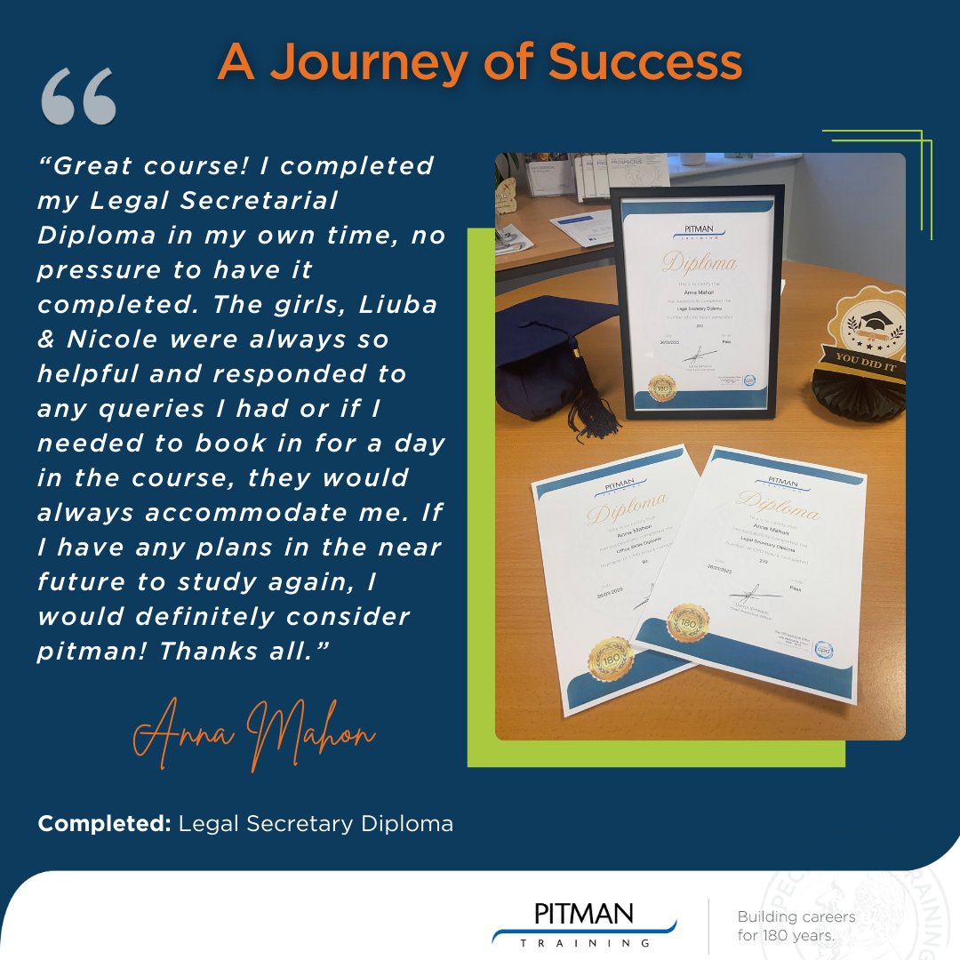 🎓 Congratulations to Anna, who has graduated from Pitman Training Dublin - Swords with two diplomas: Legal Secretary Diploma and Office Skills Diploma! 🎉

  ✨ What an achievement, Anna! We are thrilled for you and wish you the very best of luck in the future!