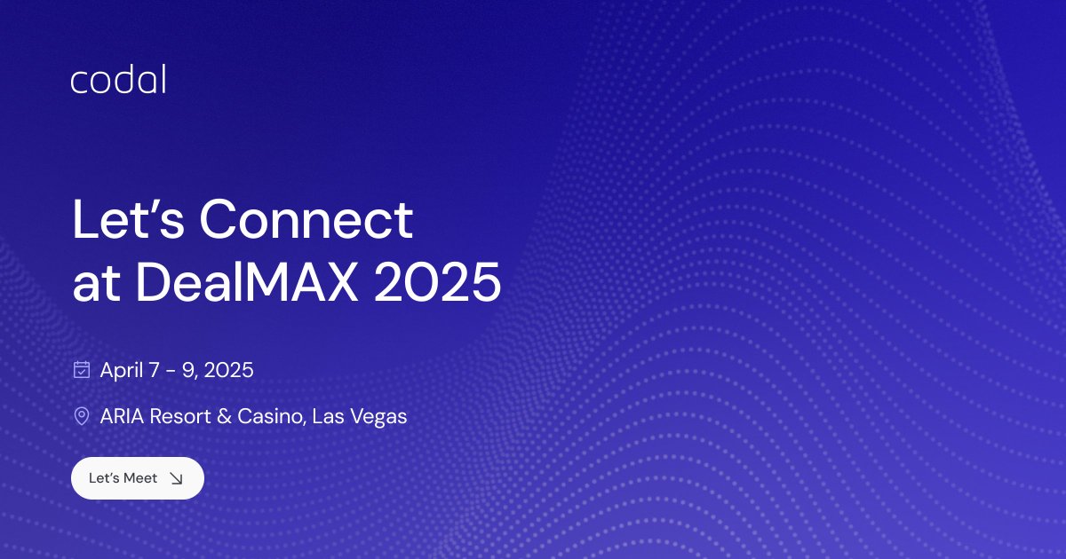 Catch Codal at DealMAX 2025! 

Connect with us during the conference to explore how technology can drive value and reduce risk in your portfolio. Let's discuss digital transformation strategies that support long-term growth. 

Schedule a meeting here:
bit.ly/3Y3SGHJ