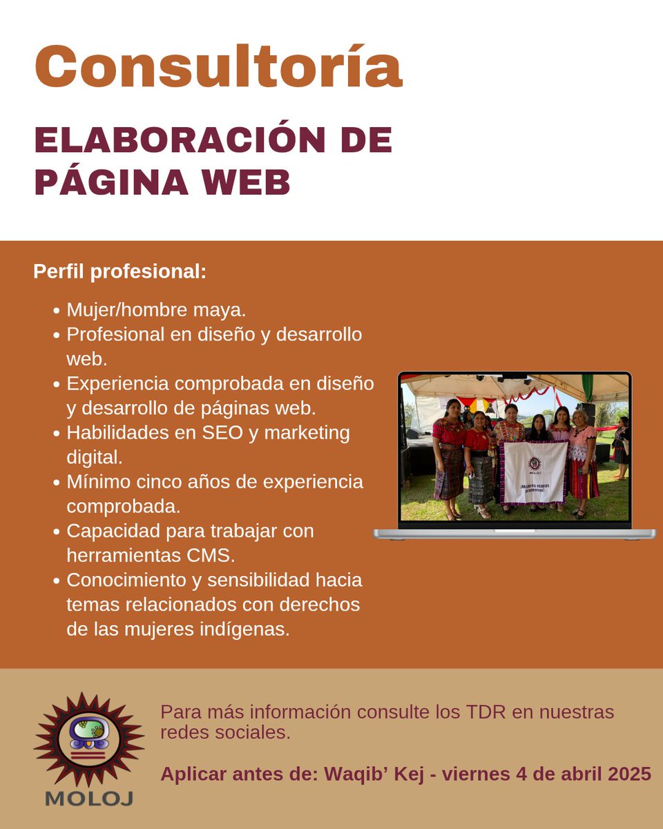 #CONSULTORÍA | 📢AMPLIAMOS FECHA PARA APLICAR 
👩🏽‍💻Elaboración de Página Web

📅 Aplicar antes de: Waqib' Kej - viernes 4 de abril de 2025
⏰ Hasta las 5:00 pm.
📜 Consulta los Términos de Referencia en el siguiente link.👇🏽
drive.google.com/file/d/1XBkecU…