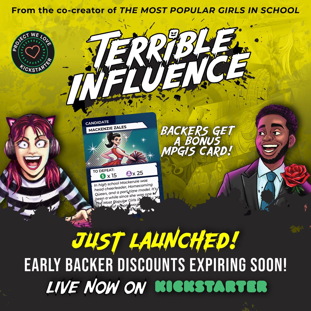 mpgisofficial's tweet image. 🚨🚨 LIVE NOW ON KICKSTARTER🚨🚨
The new game Terrible Influence from #MPGiS co-creator, Mark Cope, is now available on Kickstarter. MPGiS fans get a bonus Mackenzie Zales card when they buy the game! 
VISIT NOW: kck.st/41TQVPz