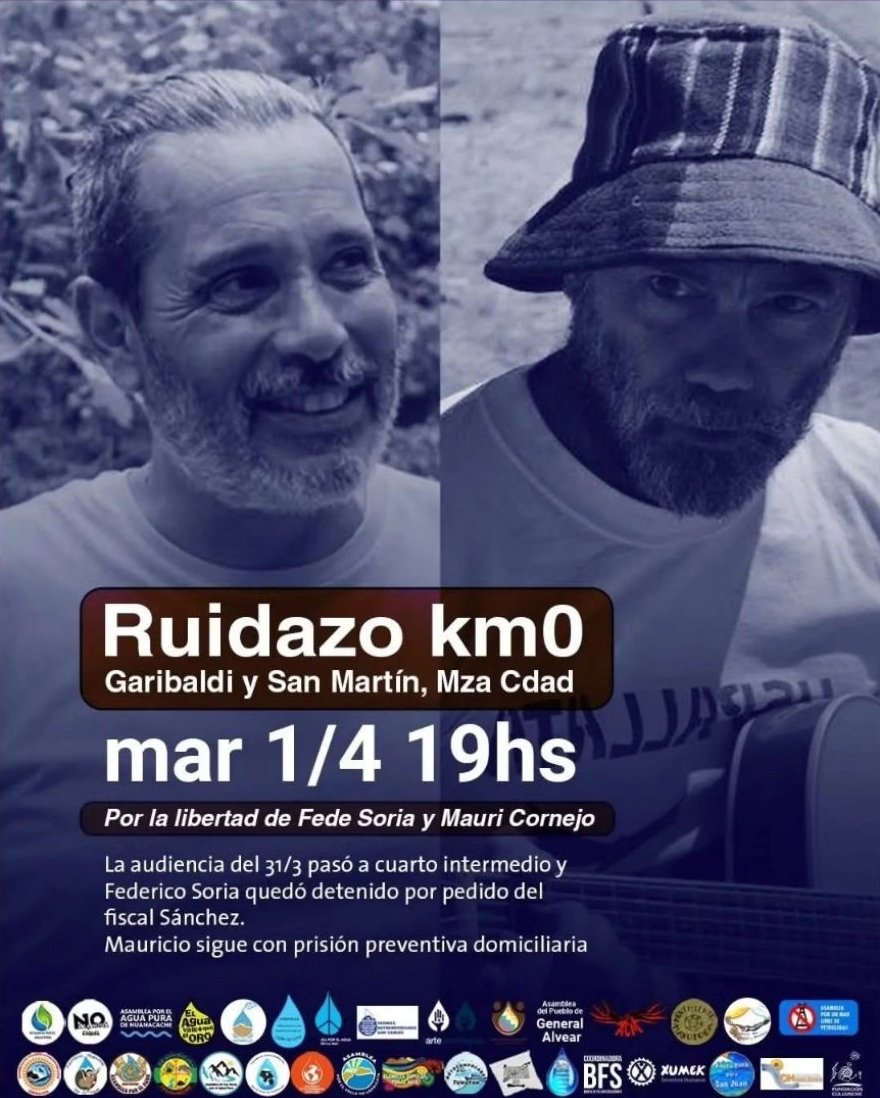 En Mendoza hay dos personas presas por defender el agua: Mauricio Cornejo y Federico Soria.

En Mendoza la democracia y el Estado de Derecho languidecen, mueren...