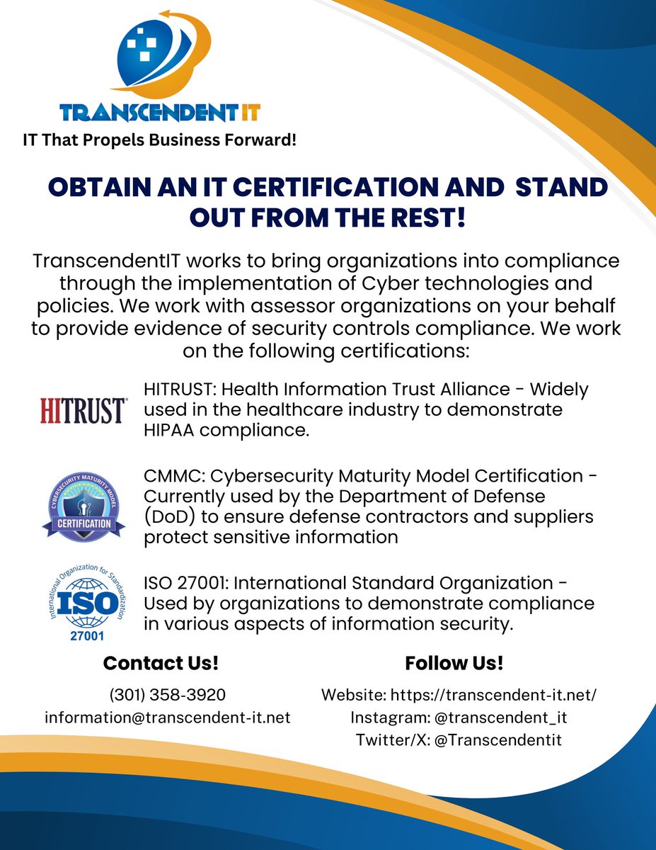 TranscendentIt's tweet image. Ready to take your business to the next level? Let Transcendent IT guide you through CMMC, HITRUST, or ISO 27001 certification with expert support and seamless compliance solutions. Secure your future today!
#TranscendentIT #SecureCertifySucceed #ITBlog #ITConsulting