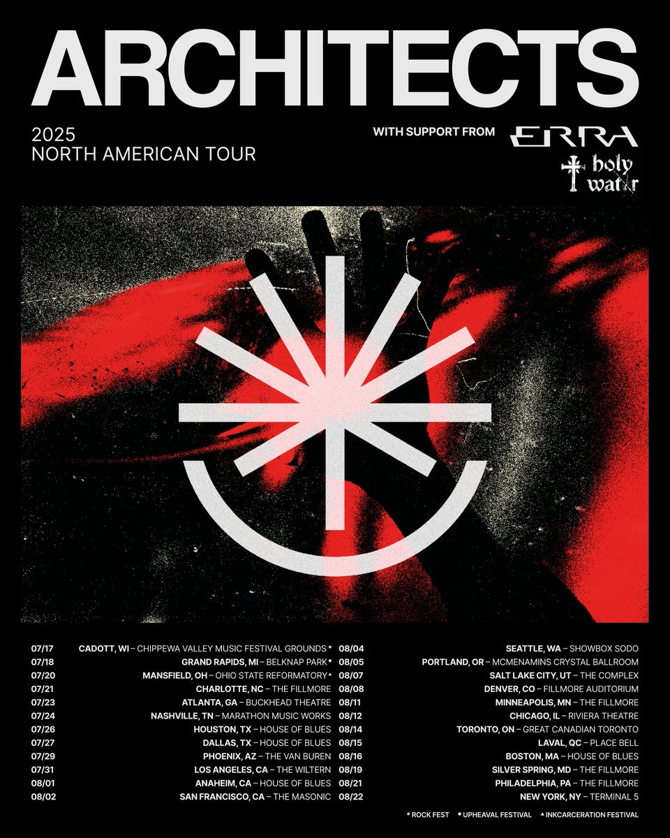 Architects (@architectsuk) on Twitter photo ARCHITECTS | 2025 North America Tour
This July, we’re heading back to the US + Canada with support from <a href="/Erra_Band/">ERRA</a>  and <a href="/drinkholywatr/">HOLYWATR</a> 
Tickets go on sale this Friday, April 4th at 10 AM local
July 17 - Cadott, WI - Cadott Rockfest
July 18 - Grand Rapids, MI - Upheaval Fest ARCHITECTS | 2025 North America Tour
This July, we’re heading back to the US + Canada with support from <a href="/Erra_Band/">ERRA</a>  and <a href="/drinkholywatr/">HOLYWATR</a> 
Tickets go on sale this Friday, April 4th at 10 AM local
July 17 - Cadott, WI - Cadott Rockfest
July 18 - Grand Rapids, MI - Upheaval Fest