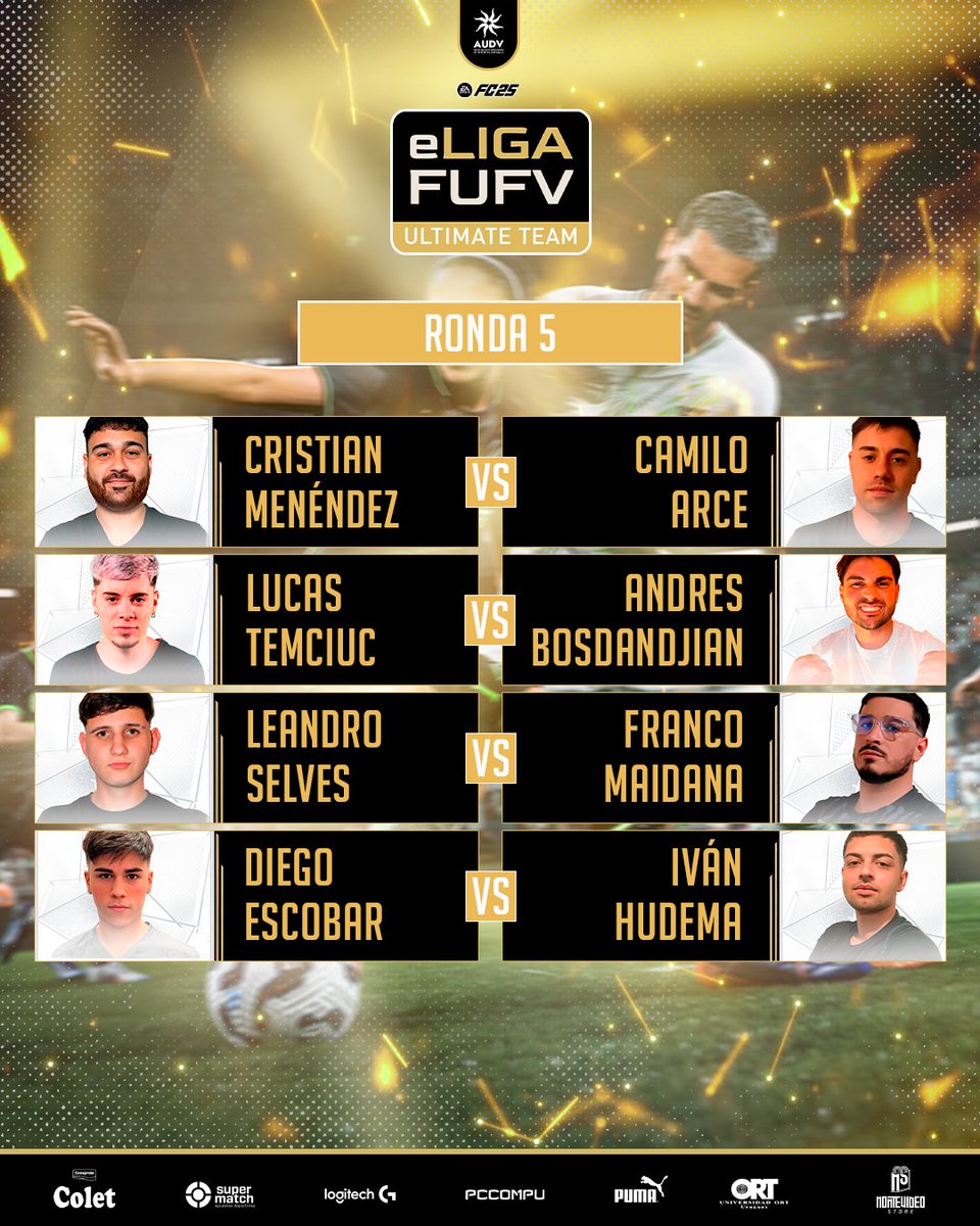 Asociación Uruguaya de Deportes Virtuales (@audvesports) on Twitter photo Nueva fecha #eLigaFUFVUT presentada por #Colet #FC25
Ronda 5⃣
<a href="/DGB00070/">DGB0007</a> 🆚 <a href="/TinchoRey7/">TinchoRey7</a>
<a href="/totafd02/">Totafd02</a> 🆚 <a href="/FacuMnda/">FacuGutierrez05</a>
<a href="/EmitoUyDz/">Emito</a> 🆚 <a href="/agu01reyes/">Agustin</a>
<a href="/rrodriggoll/">Rodrigol</a> 🆚 <a href="/JoakiA28/">.</a>
<a href="/cricricri14UYUT/">Cristian Menendez 🇺🇾⚽️🇳🇱</a> 🆚 <a href="/Carce_CMD/">Camilo Arce</a>
<a href="/InFiniteI9I/">InFinite I9I</a> 🆚 <a href="/andibosdandjian/">Andrés Bosdandjián (androide)</a>
<a href="/Leaselves03/">Lea🇳🇱</a> 🆚 <a href="/Eldocthor_/">Eldocthor_</a>
<a href="/DiegoEscobar_3/">Diego Escobar</a> Nueva fecha #eLigaFUFVUT presentada por #Colet #FC25
Ronda 5⃣
<a href="/DGB00070/">DGB0007</a> 🆚 <a href="/TinchoRey7/">TinchoRey7</a>
<a href="/totafd02/">Totafd02</a> 🆚 <a href="/FacuMnda/">FacuGutierrez05</a>
<a href="/EmitoUyDz/">Emito</a> 🆚 <a href="/agu01reyes/">Agustin</a>
<a href="/rrodriggoll/">Rodrigol</a> 🆚 <a href="/JoakiA28/">.</a>
<a href="/cricricri14UYUT/">Cristian Menendez 🇺🇾⚽️🇳🇱</a> 🆚 <a href="/Carce_CMD/">Camilo Arce</a>
<a href="/InFiniteI9I/">InFinite I9I</a> 🆚 <a href="/andibosdandjian/">Andrés Bosdandjián (androide)</a>
<a href="/Leaselves03/">Lea🇳🇱</a> 🆚 <a href="/Eldocthor_/">Eldocthor_</a>
<a href="/DiegoEscobar_3/">Diego Escobar</a>