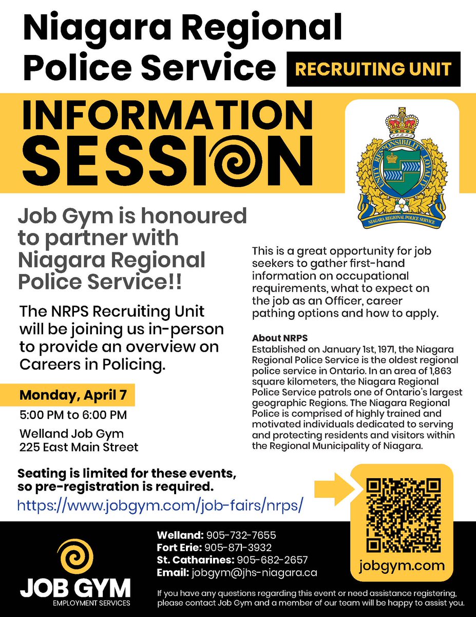 The Niagara Regional Police Recruiting Unit is partnering with @jobgym for an information session on Monday, April 7th, 2025.

Location: Welland Job Gym, 225 East Main Street
Time: 5PM – 6PM
Seating is limited so reserve your spot today!

Visit jobgym.com/job-fairs/nrps/  to sign up