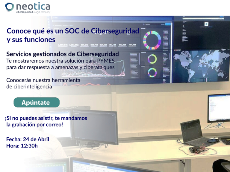 neoticasolution's tweet image. Nuevo webinar
 ¿Sabes que es un #SOC de #Ciberseguridad?

✅ Ventajas de la ciberseguridad gestionada frente a enfoques tradicionales.

✅ Conozca nuestra solución para #pymes.

Fecha: 24 de abril
⏰ Hora: 11:30
Formato: Online
️ 
 lnkd.in/dZ3znhbz