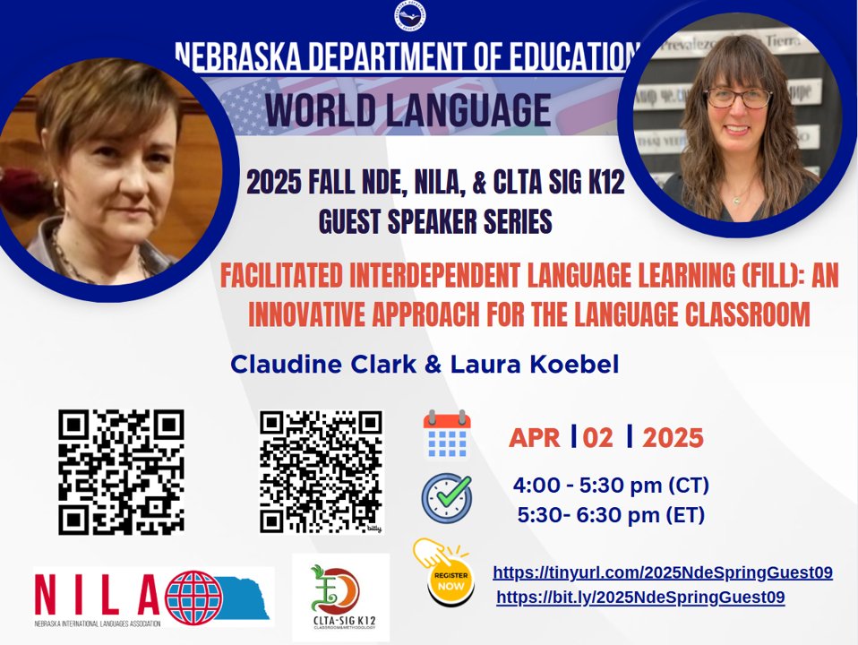 Chrystal Liu (@nde_worldlang) on Twitter photo 🚨 Reminder! Tomorrow is our next World Language Webinar!
🗓️ April 2 | 🕓 4–5:30 pm CT
🎙️ FILL: Innovative Language Learning with Claudine Clark & Laura Koebel
Still time to register 👉 bit.ly/2025NdeSpringG… <a href="/ESUCC/">ESUCC</a> <a href="/Guanlaoshihao/">Guan Chunmei</a> <a href="/LPSorg/">Lincoln Public Schools</a> <a href="/OmahaPubSchool/">Omaha Public Schools</a> <a href="/NCSSFL/">NCSSFL</a> <a href="/SenorZiegler/">Nick Ziegler</a> 🚨 Reminder! Tomorrow is our next World Language Webinar!
🗓️ April 2 | 🕓 4–5:30 pm CT
🎙️ FILL: Innovative Language Learning with Claudine Clark & Laura Koebel
Still time to register 👉 bit.ly/2025NdeSpringG… <a href="/ESUCC/">ESUCC</a> <a href="/Guanlaoshihao/">Guan Chunmei</a> <a href="/LPSorg/">Lincoln Public Schools</a> <a href="/OmahaPubSchool/">Omaha Public Schools</a> <a href="/NCSSFL/">NCSSFL</a> <a href="/SenorZiegler/">Nick Ziegler</a>