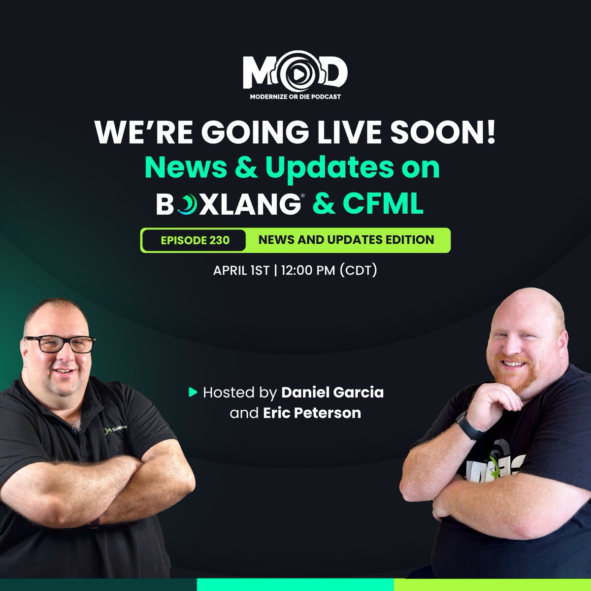 ortussolutions's tweet image. Hi everyone, The Modernize or Die Podcast is back!💥
Our first News & Updates Edition is going live today at noon (Chicago Time)! ⚡️
Don’t miss the video version on YouTube: youtube.com/live/lt7wuCOvl…
Hosted by: Eric Peterson and Daniel Garcia – Senior Developers at Ortus…