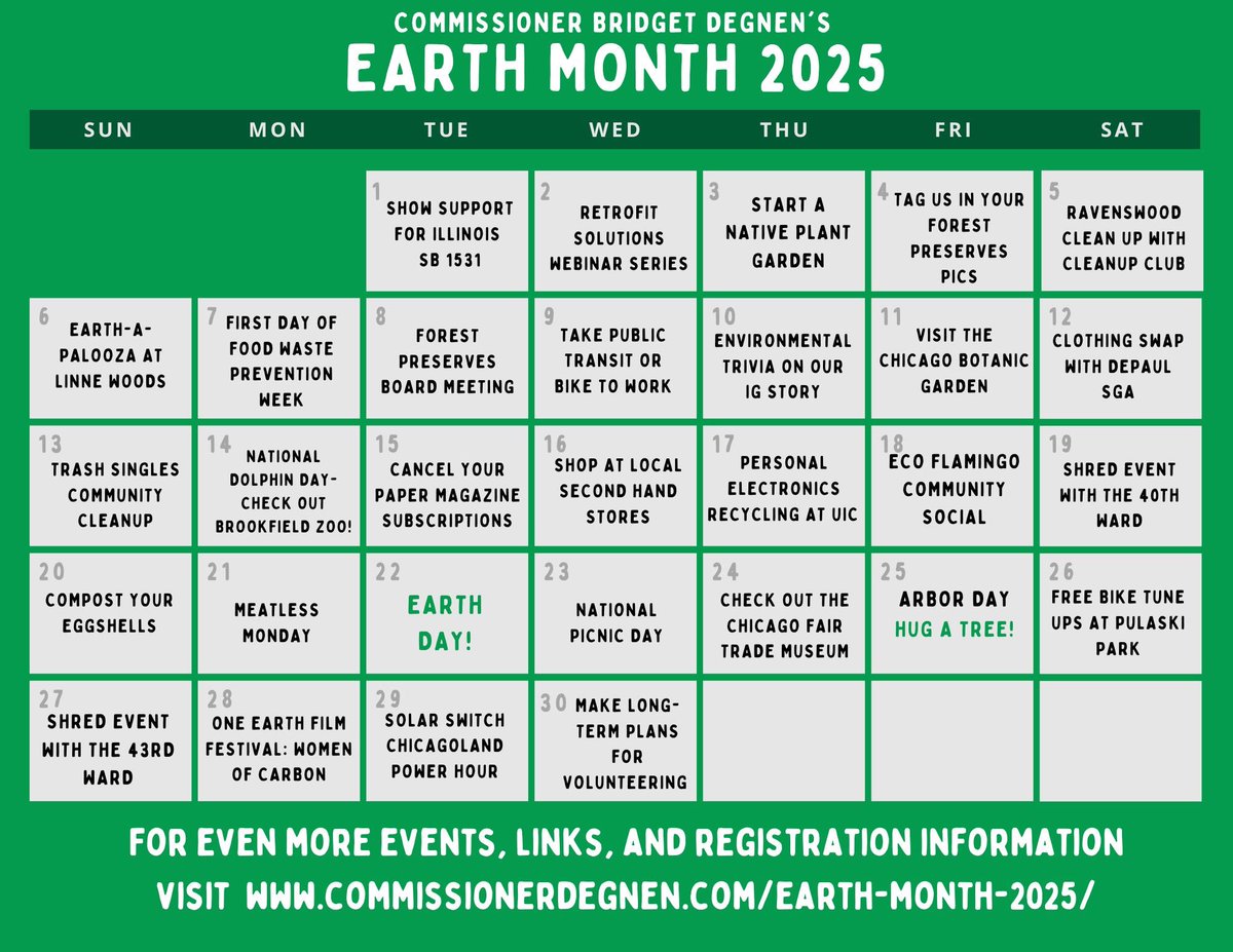 I am so excited to spend my seventh Earth Month with you all as Commissioner of District 12. Make sure to check out my calendar for Earth Month happenings across Chicagoland and within D12. My office will be sharing eco-friendly tips, tricks, and events all month long!