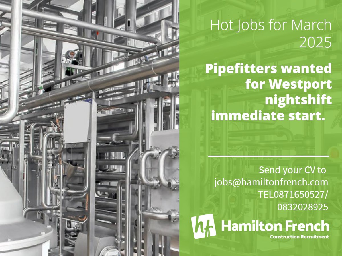 HamiltonFrench_'s tweet image. We will be mobilising for Pipefitters for nightshift in Westport Mayo.
#pipefitters #highpurity #mechanicaljobs #MayoJobs #MayoGAA #jobfairy #newopportunity