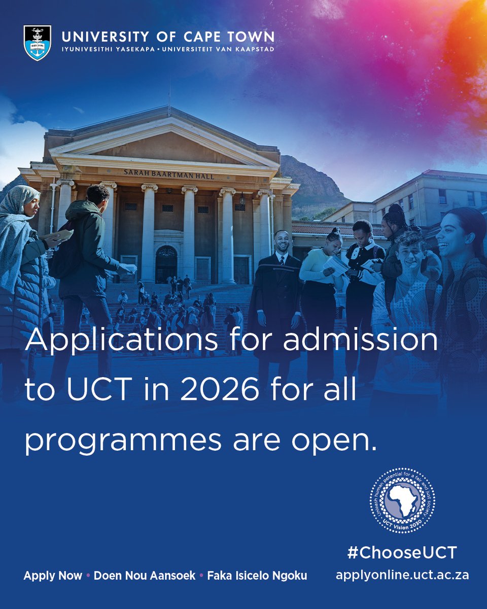 Applications for admission to study at UCT in 2026 are now open!

Be part of Africa’s top-ranked university – submit your application today!

applyonline.uct.ac.za

#ChooseUCT