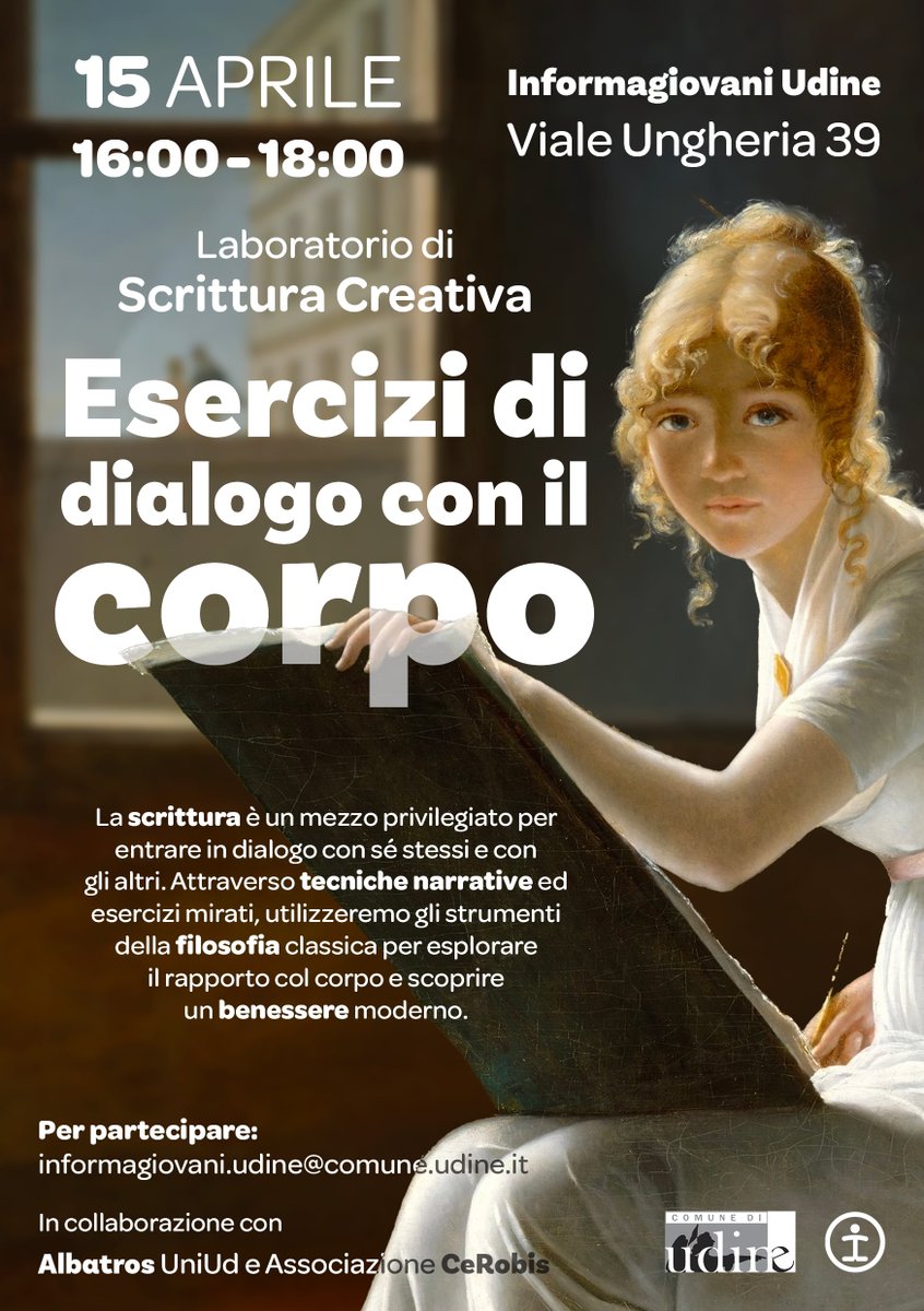 #scrittura #strumento #dialogoconséstessieconglialtri

📅 15 #aprile2025 , 16 - 18
📍 <a href="/InfgioUdine/">Informagiovani Udine</a> , Viale Ungheria 39
 #organizzato #Associazione #CeRobis , #Albatros <a href="/uniud/">Università di Udine</a> e <a href="/ComuneDiUdine/">Comune di Udine</a> 

#apertatuttigliinteressati
Per partecipare:
informagiovani.udine@comune.udine.it