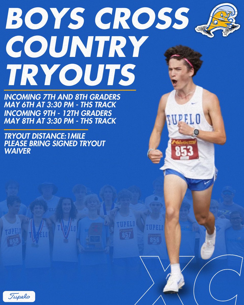 TupeloXC (@xctupelo) on Twitter photo Come be a part of one of the most successful XC programs in Mississippi! Boys XC will hold tryouts for the 25-26 team May 6 & May 8 on the THS track at Renasant Field! <a href="/TupeloAthletics/">Tupelo Athletics</a> <a href="/tupeloschools/">Tupelo Schools</a> <a href="/TupeloMiddle/">Tupelo Middle School</a> <a href="/MilamRipples/">Milam Elementary</a> <a href="/TupeloHigh/">Tupelo High School</a> Come be a part of one of the most successful XC programs in Mississippi! Boys XC will hold tryouts for the 25-26 team May 6 & May 8 on the THS track at Renasant Field! <a href="/TupeloAthletics/">Tupelo Athletics</a> <a href="/tupeloschools/">Tupelo Schools</a> <a href="/TupeloMiddle/">Tupelo Middle School</a> <a href="/MilamRipples/">Milam Elementary</a> <a href="/TupeloHigh/">Tupelo High School</a>