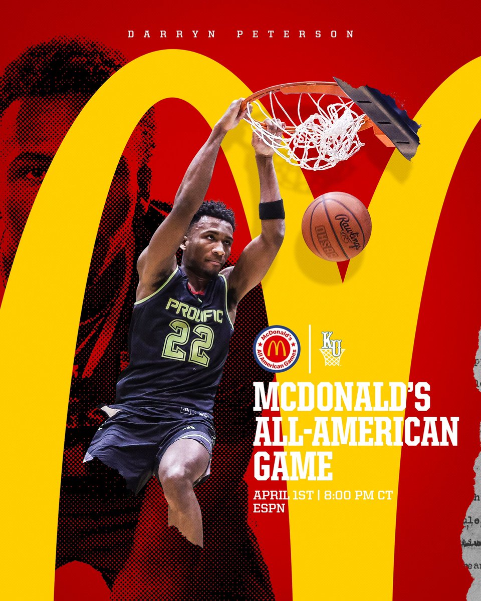 Kansas Men’s Basketball (@kuhoops) on Twitter photo McDonald’s All-American Game for @PetersonDarryn🔥
👉 McDonald’s All-American
⏰ 8:00 p.m. CT
📺 ESPN
#RockChalk x <a href="/McDAAG/">McDonald's All American Games</a> McDonald’s All-American Game for @PetersonDarryn🔥
👉 McDonald’s All-American
⏰ 8:00 p.m. CT
📺 ESPN
#RockChalk x <a href="/McDAAG/">McDonald's All American Games</a>