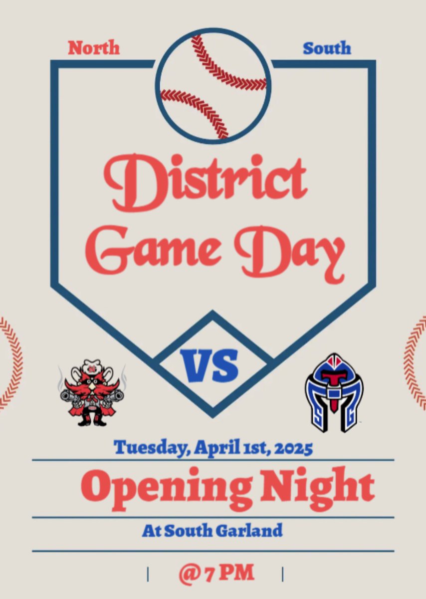 ⚾️VARSITY GAME DAY ⚾️
📅 APRIL 1st 
🕞 7:00
🆚 North Garland 
📍South Garland 
📌 Opening Night