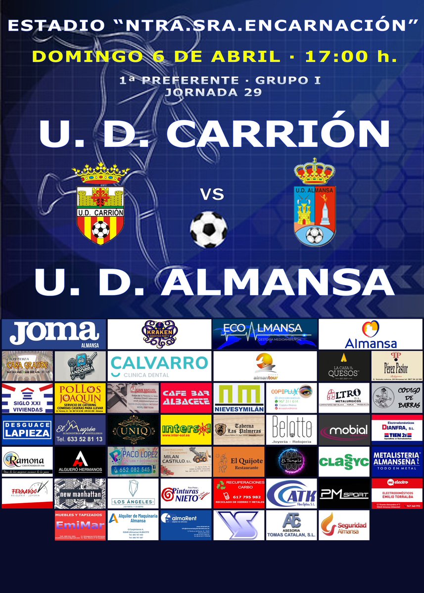 U.D. ALMANSA (@udalmansa) on Twitter photo 💥VIAJAMOS fuera de casa💥
🏆 JORNADA 29
🆚 <a href="/udcarrion/">UD CARRIÓN 🔰</a>
🏟️Estadio “Ntra Sra Encarnación”
📅 DOMINGO 06 de abril
🕕 17:00 horas
⚽️💙🤍⚽️💙🤍⚽️💙🤍⚽️💙🤍
#almansa #unidossomosmásfuertes #siempreazules #azulones #almansaemergencias #jugamosconlonuestro #almansa #tvalmansa 💥VIAJAMOS fuera de casa💥
🏆 JORNADA 29
🆚 <a href="/udcarrion/">UD CARRIÓN 🔰</a>
🏟️Estadio “Ntra Sra Encarnación”
📅 DOMINGO 06 de abril
🕕 17:00 horas
⚽️💙🤍⚽️💙🤍⚽️💙🤍⚽️💙🤍
#almansa #unidossomosmásfuertes #siempreazules #azulones #almansaemergencias #jugamosconlonuestro #almansa #tvalmansa