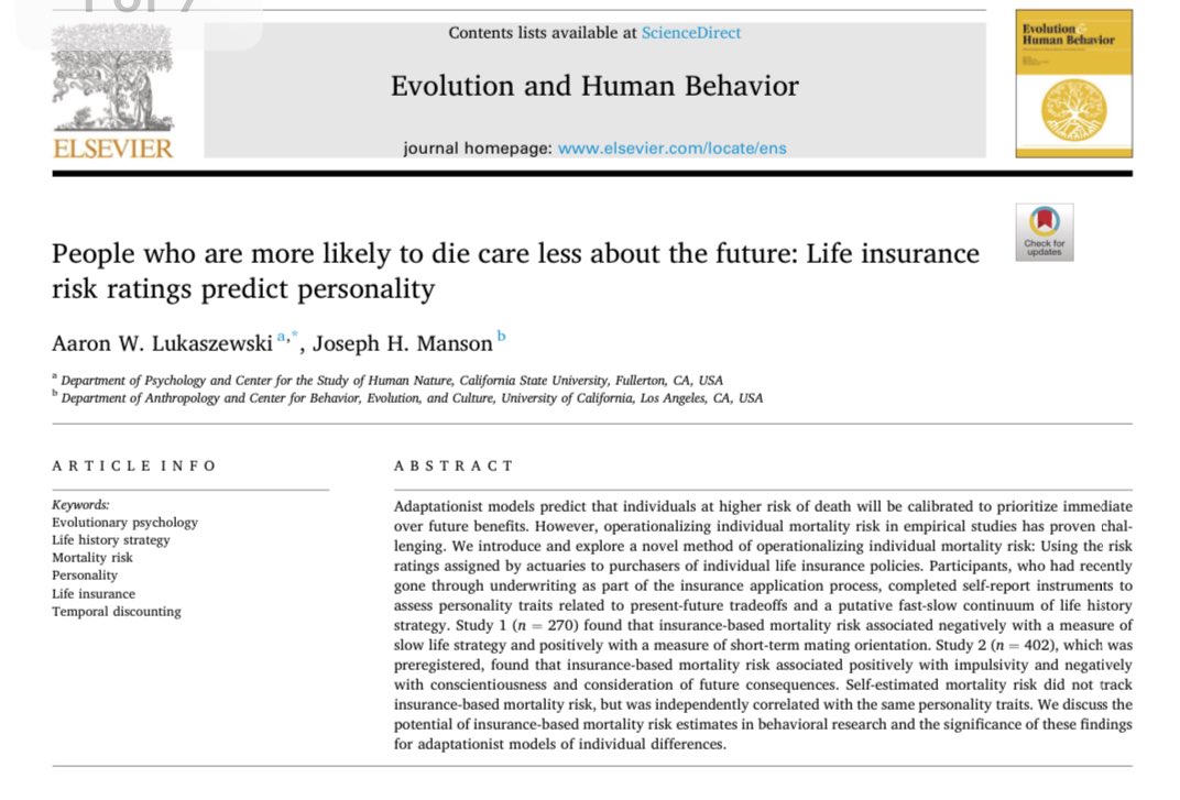SpeciesTypical's tweet photo. ‼️New paper alert @EvolHumBehav‼️

Adaptationist models predict that individual differences in present vs future orientation will be calibrated to mortality risk - such that people who are more likely to die care less about the future. 

But how can individual mortality risk be operationlized in an actuarially valid way? 

@josephhmanson & I found a way

(Link to full text below)

🧵