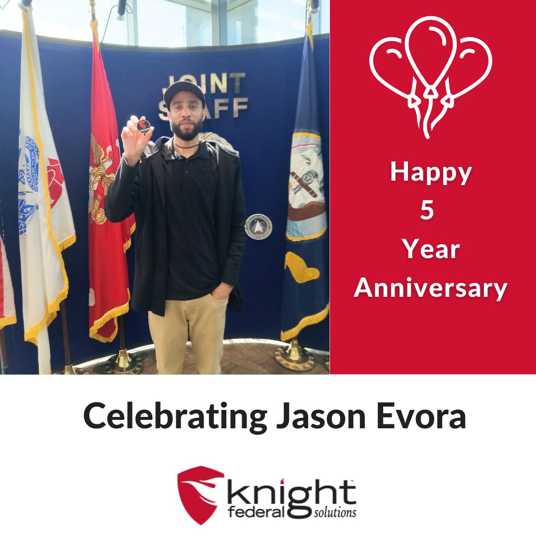 KnightFederal's tweet image. Please join us in congratulating Jason Evora on his 5-year work anniversary with Knight Federal Solutions!

Jason’s dedication, professionalism, and contributions have made a lasting impact on our mission and team. 

#KnightFederal #TeamKnightFederal #DefenseSupport