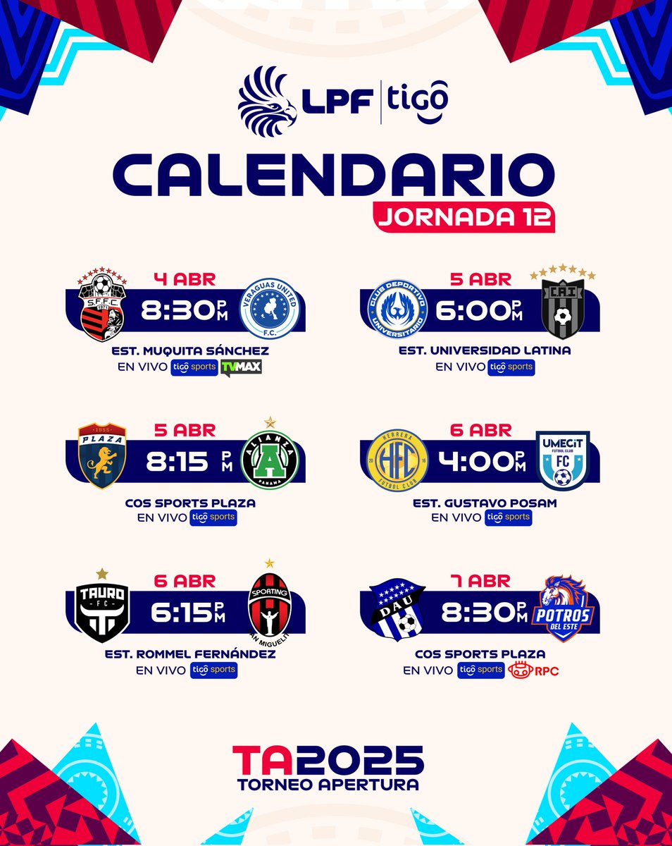 ¡𝐂𝐀𝐋𝐄𝐍𝐃𝐀𝐑𝐈𝐎 𝐉𝟏𝟐! 🗓⚽

Te traemos la jornada doce del Torneo Apertura 2025 de la <a href="/LPFpanama/">LPF TIGO</a> 🏆

#NuestroFútbol #LPFTigo