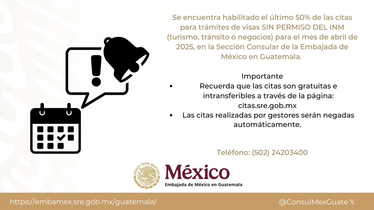 ConsulMexGuate (@consulmexguate) on Twitter photo 🔊¡Atención! ¡Atención! 🛑Se encuentra habilitado el último 50% de las citas para visas SIN PERMISO DEL INM para el mes de abril 2025. ⚠️Visita la página para informarte acerca de los requisitos.
👉bit.ly/3ADfWRi
Te esperamos en 🇲🇽✈️🚗🧳<a href="/SRE_mx/">Relaciones Exteriores</a> <a href="/EmbaMexGua/">Embamex Guatemala</a> 🔊¡Atención! ¡Atención! 🛑Se encuentra habilitado el último 50% de las citas para visas SIN PERMISO DEL INM para el mes de abril 2025. ⚠️Visita la página para informarte acerca de los requisitos.
👉bit.ly/3ADfWRi
Te esperamos en 🇲🇽✈️🚗🧳<a href="/SRE_mx/">Relaciones Exteriores</a> <a href="/EmbaMexGua/">Embamex Guatemala</a>