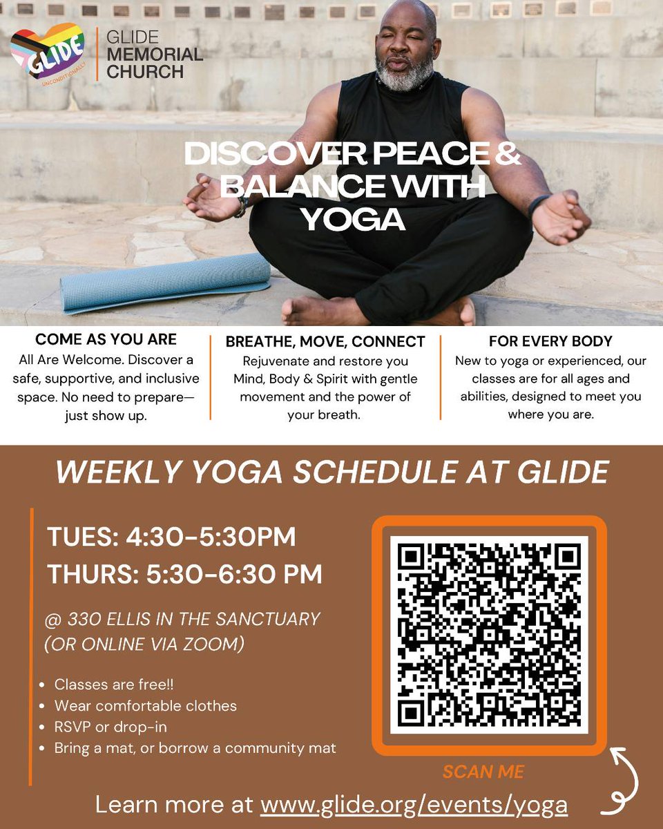 GlideChurch's tweet image. Free yoga at GLIDE. No catch. No pressure. Just a place to move and breathe—online or in person.
glide.org/events/yoga
#GlideUnconditionally