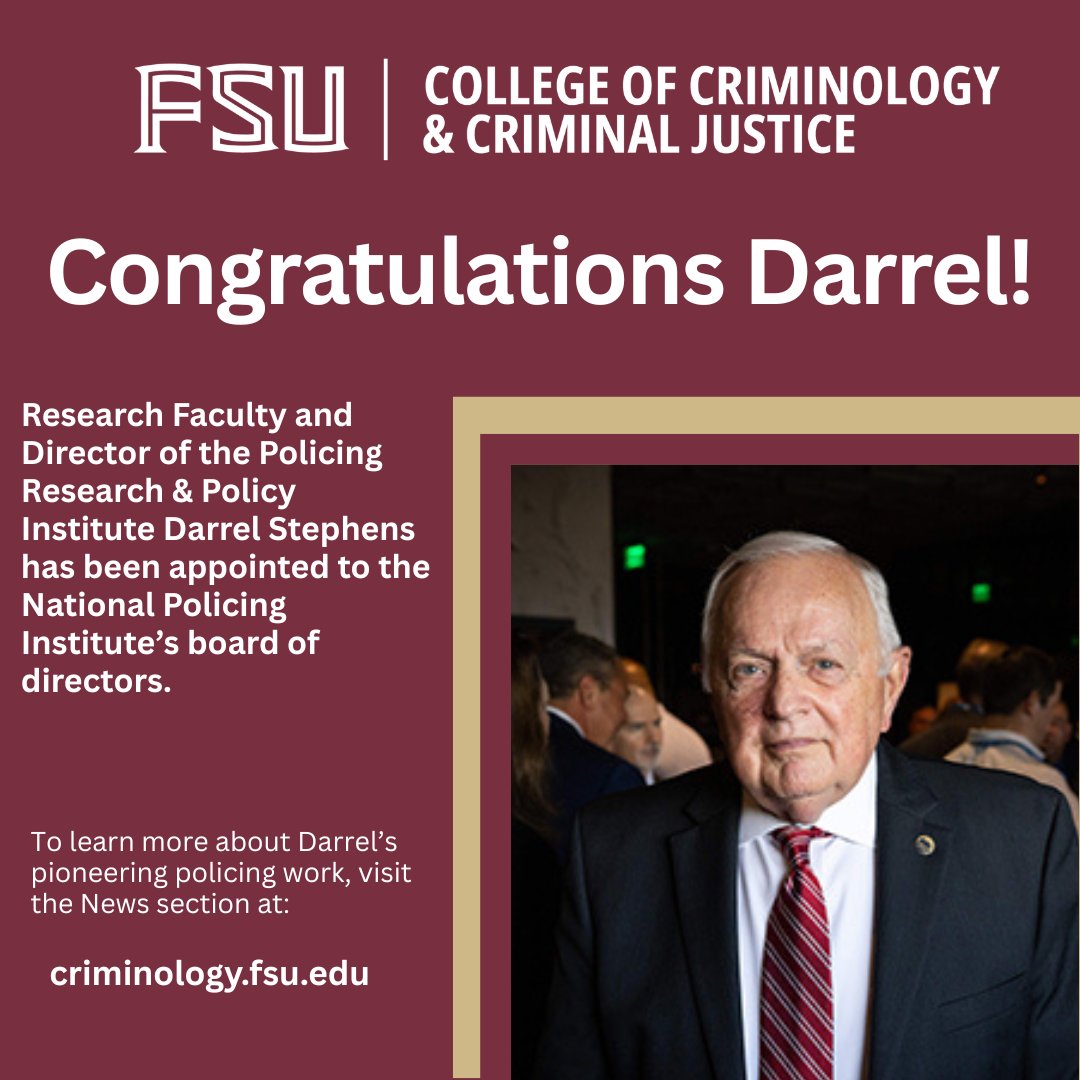 FSU Criminology/Criminal Justice (@fsucriminology) on Twitter photo Our own Darrel Stephens has earned a coveted spot on <a href="/PolicingInst/">National Policing Institute</a>'s board of directors. Stephens' has earned international acclaim for his pioneering work in policing. bit.ly/42hd5KA <a href="/FloridaState/">Florida State University</a> Our own Darrel Stephens has earned a coveted spot on <a href="/PolicingInst/">National Policing Institute</a>'s board of directors. Stephens' has earned international acclaim for his pioneering work in policing. bit.ly/42hd5KA <a href="/FloridaState/">Florida State University</a>