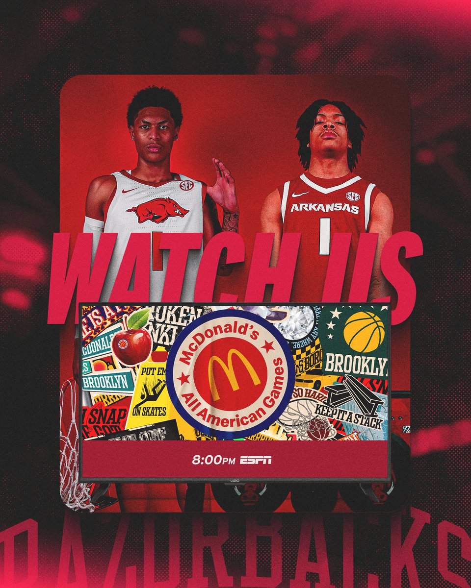 Arkansas Razorbacks Menโs Basketball ๐ (@razorbackmbb) on Twitter photo They got next! Catch our guys <a href="/ThomasMeleek/">Meleek Thomas</a> and <a href="/DariusAcuff/">Darius Acuff</a> in tonight's <a href="/McDAAG/">McDonald's All American Games</a>.
Watch: bit.ly/3YbpiPy They got next! Catch our guys <a href="/ThomasMeleek/">Meleek Thomas</a> and <a href="/DariusAcuff/">Darius Acuff</a> in tonight's <a href="/McDAAG/">McDonald's All American Games</a>.
Watch: bit.ly/3YbpiPy