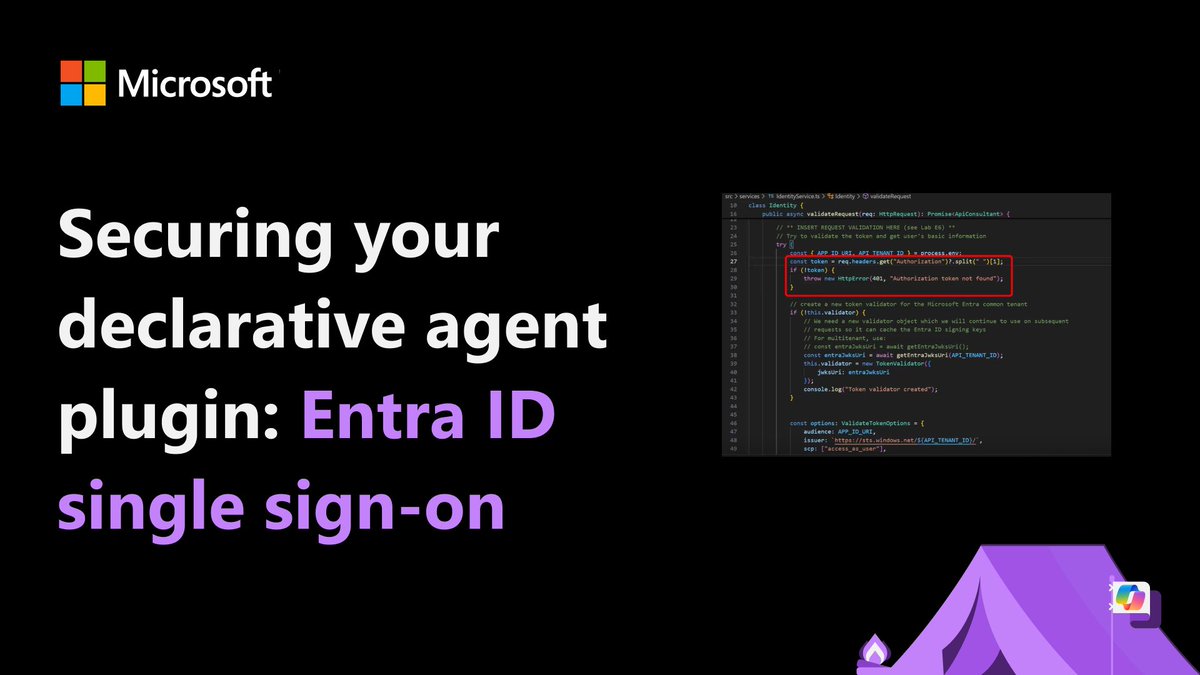 Watch to learn how to build a declarative agent for Microsoft 365 Copilot that calls an API secured with Entra ID: msft.it/6018qUHIg #Microsoft365Dev #Copilot #Agents