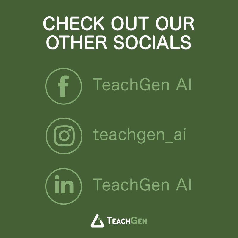 teachgen_ai's tweet image. Stay connected with TeachGen Ai! 🚀

Follow us on:
Facebook, Instagram and LinkedIn.

🔗 Let’s build the future of education together - follow TeachGen AI today!

#TeachGenAI #AIinEducation #EdTech #StayConnected