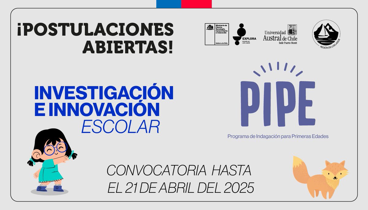 ¡Ya están abiertas las convocatorias 2025-2026 del #PARExploraLosLagos!
 PIPE (para equipos de primera infancia) y del IIE (para docentes de 1° y 2° ciclo), iniciativas del <a href="/min_ciencia/">Ministerio de Ciencia</a> y ejecutadas por <a href="/SedeUACh/">Sede Pto. Montt UACh</a>.
Postula hasta el 21 de abril  explora.cl/lagos
