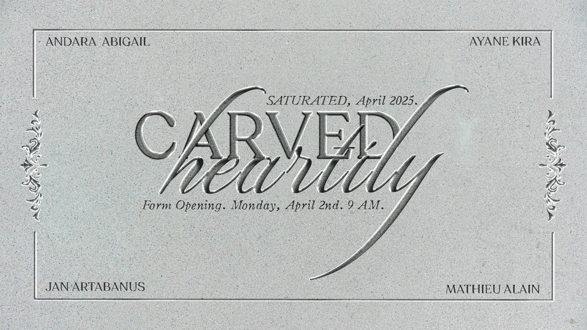 saturnated's tweet photo. ᅠ
⠀                     🎨 SATURATED 🎨
                         CARVED HEARTILY
         APRIL 2025 SLOT RESERVATIONS

Enter our museum—find these inscriptions. Within our humble abode, every lore is heartily carved, and every love carefully preserved. 🤍
ᅠ
ᅠ https://t.co/h2NI1rOIb6